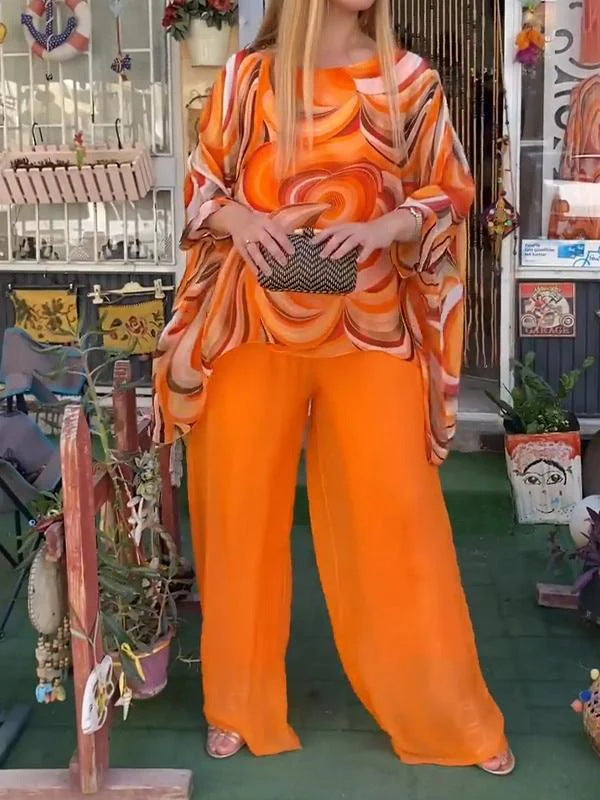 Printed Chiffon Two-Piece Set Round Neck 3/4 Sleeve Top Pants Suit