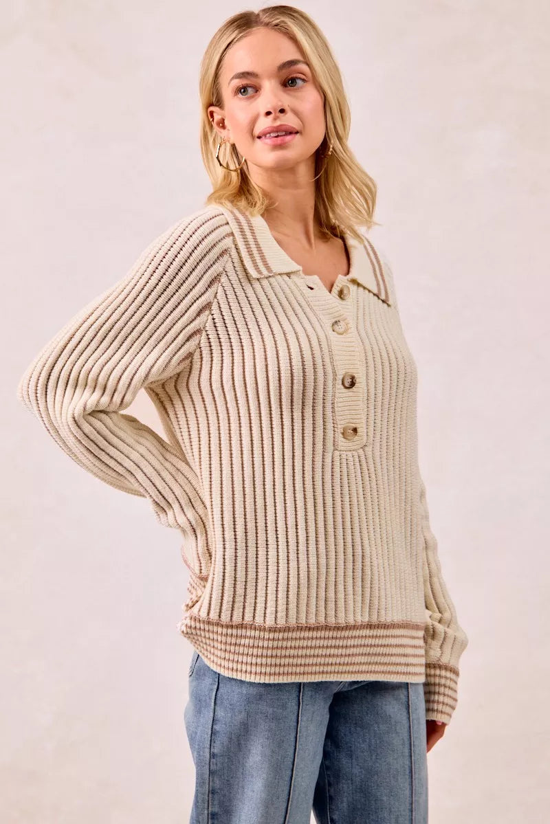 Sarah Express Women’s Two Tone Ribbed Sweater with Half Button Collar