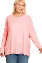 Sarah Express Women’s Plus Size Melange Hacci Tee with Exposed Seam Hi-Low Hem