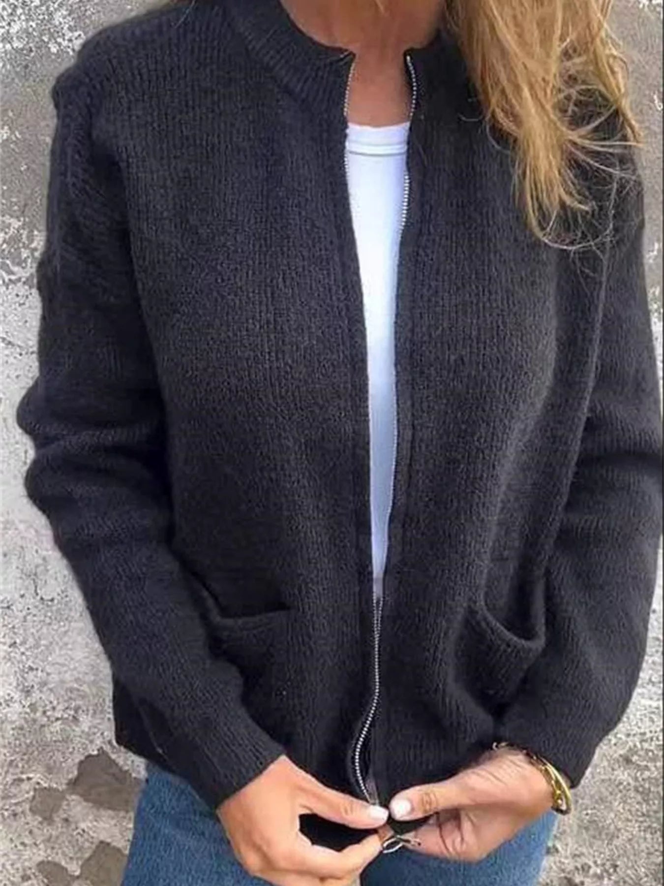 Sarah Express Women's Zip Up Ribbed Knit Cardigan with Front Pockets Plus Size Black