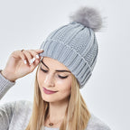 Satin Lined Knit Beanie Hat Faux Fur Pom Pom Winter Wool