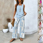 Sarah Express Women's Print Two-Piece Set Sleeveless Double Layer Vest Top Loose Straight Pants Floral Suit