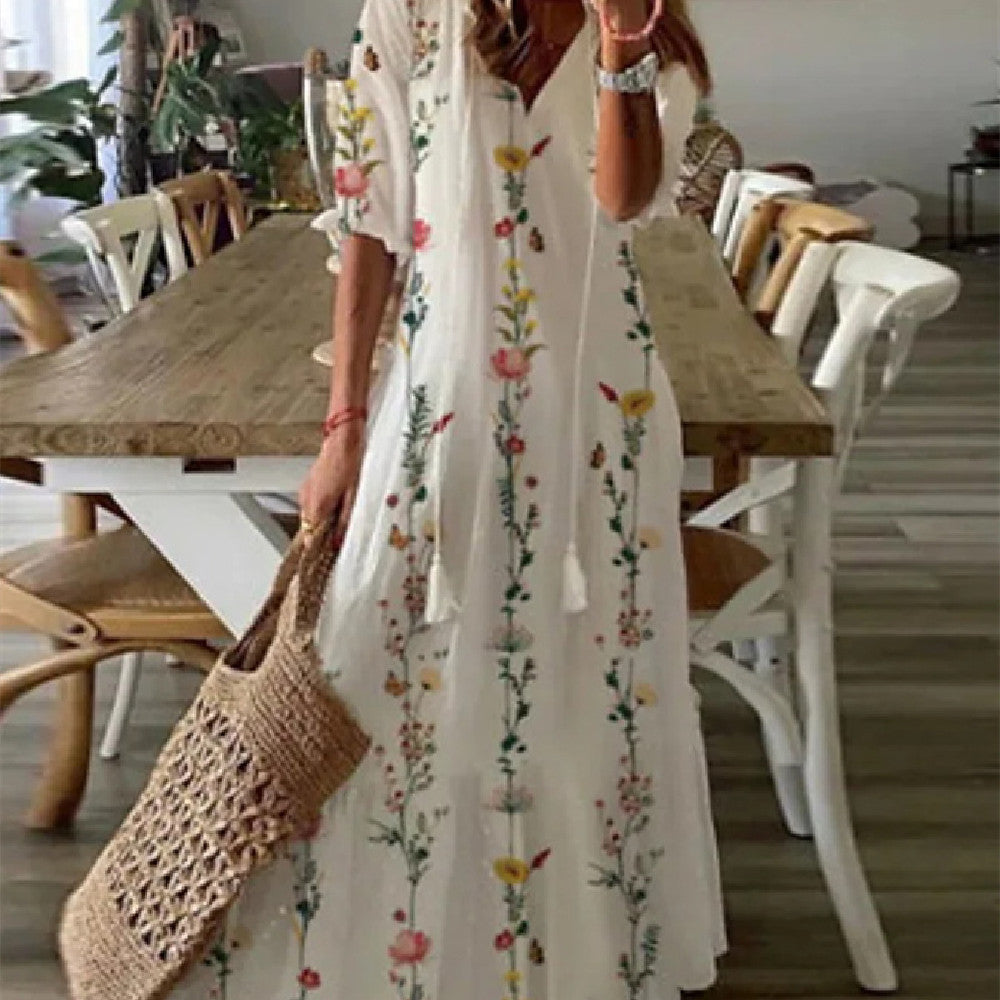 Women's Floral Print V-Neck Maxi Dress Short Sleeve A-Line Pullover