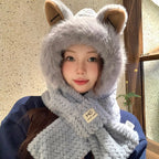 Furry Fox Ear Winter Hat with Neck Warmer Windproof Accessory