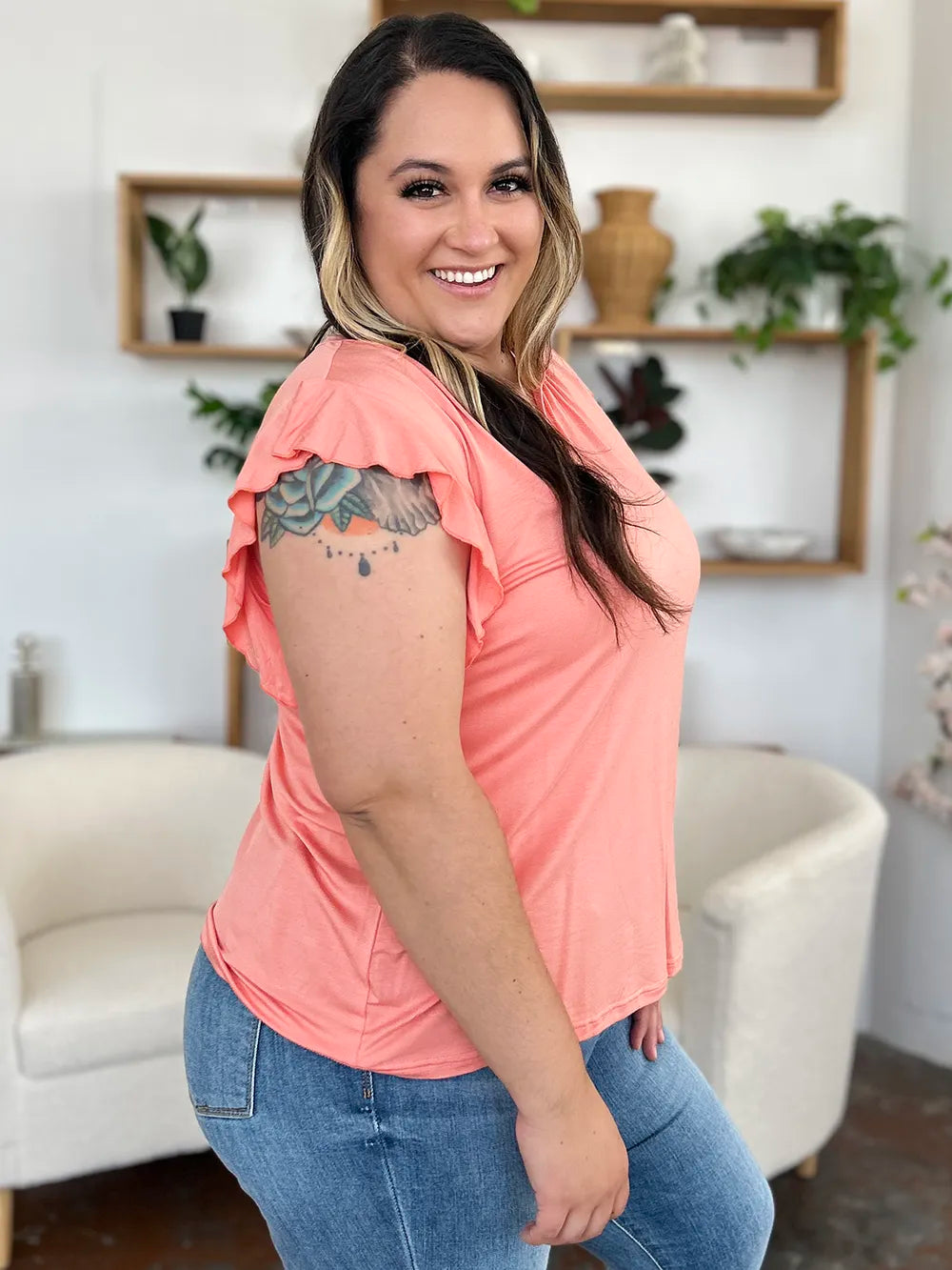 Sarah Express Women’s Plus Size Bamboo T-Shirt with Notched Neck and Ruffle Sleeves