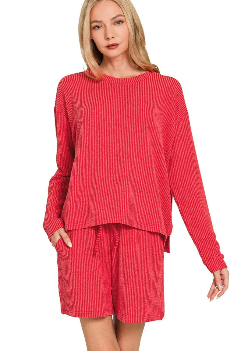 Corded Rib Long Sleeve Tee and Shorts Set