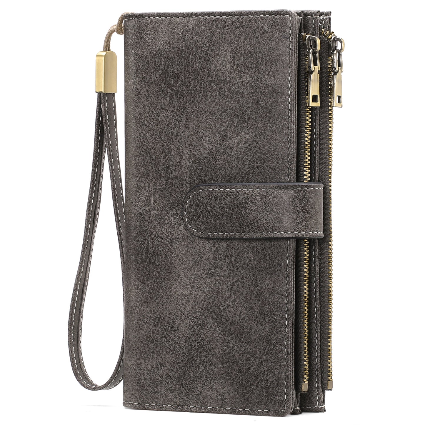 Sarah Express Women's Vintage Tri-Fold Wallet with RFID Protection - Oil Wax Leather Long Purse Dark Gray