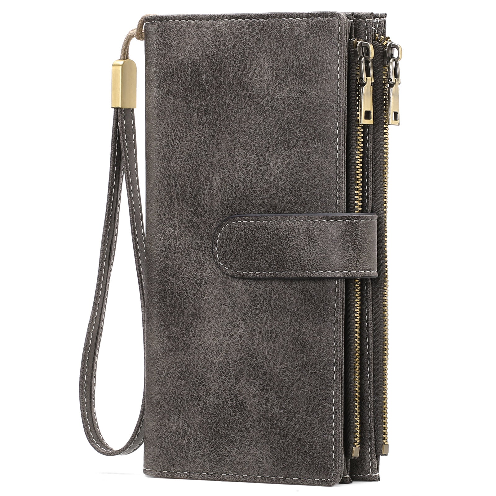 Sarah Express Women's Vintage Tri-Fold Wallet with RFID Protection - Oil Wax Leather Long Purse Dark Gray
