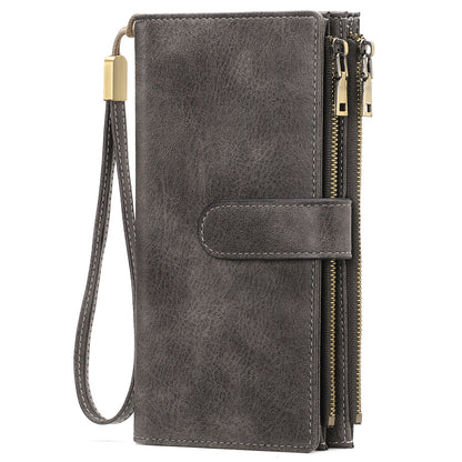 Sarah Express Women's Vintage Tri-Fold Wallet with RFID Protection - Oil Wax Leather Long Purse Dark Gray