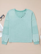 Sarah Express Women's Mineral Wash Exposed Seam Buttoned V Neck Top