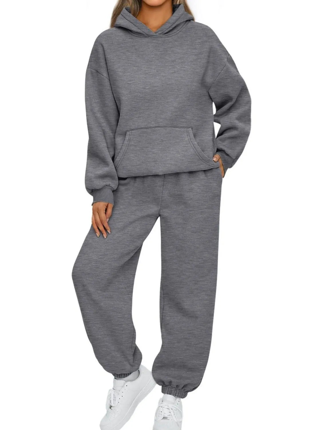 Sarah Express Women's Kangaroo Pocket Hoodie and Joggers Set Plus Size Dark Gray