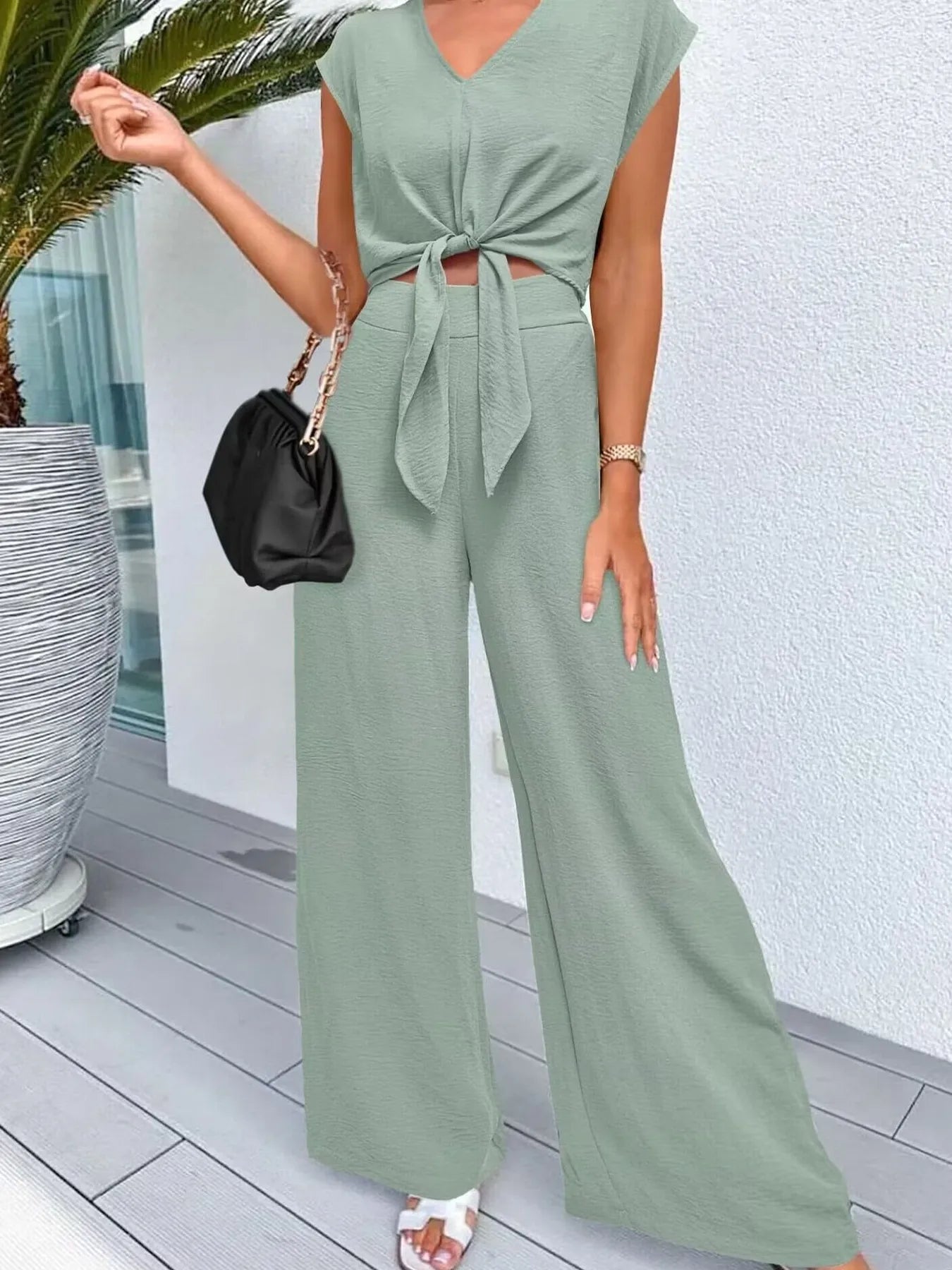 Sarah Express Women's Tie Front Top and Wide Leg Pants Set Light Green