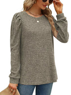 Sarah Express Women's Ribbed Knit Top with Puff Sleeves