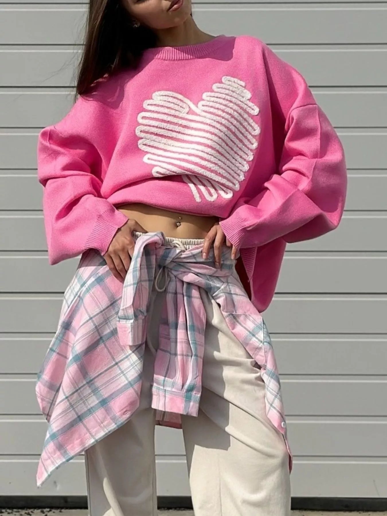 Sarah Express Women's Heart Round Neck Oversized Sweater