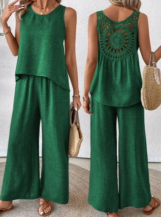 Women's Sleeveless Top and Pants Set with Lace Back Detail