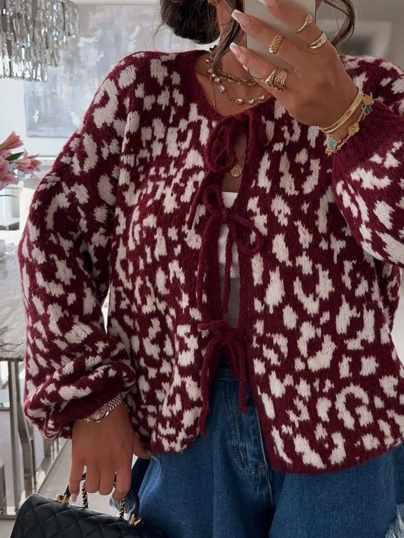 Sarah Express Women's Leopard Tie Front Cardigan Burgundy