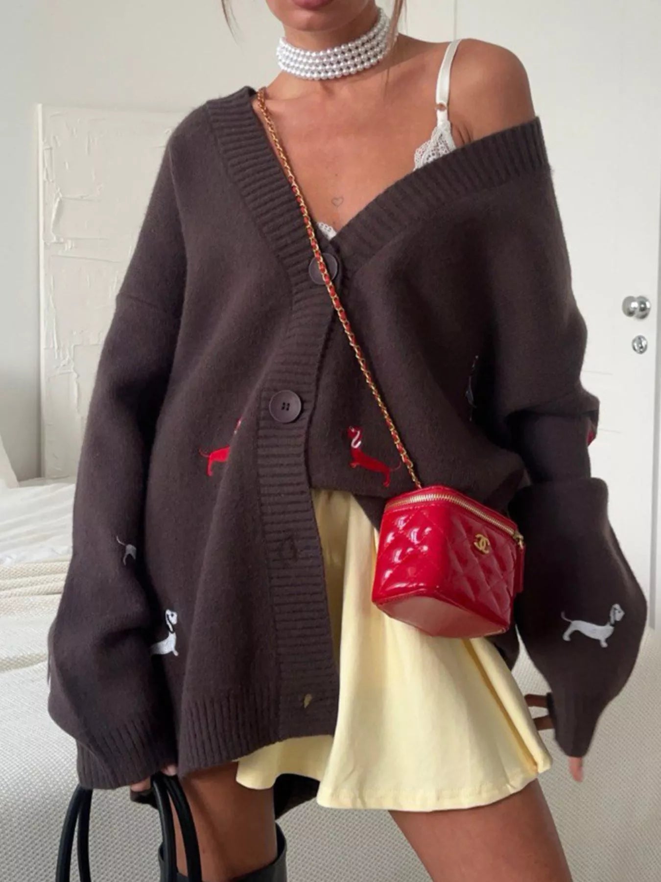 Sarah Express Women's Embroidered Button Up Cardigan Brown