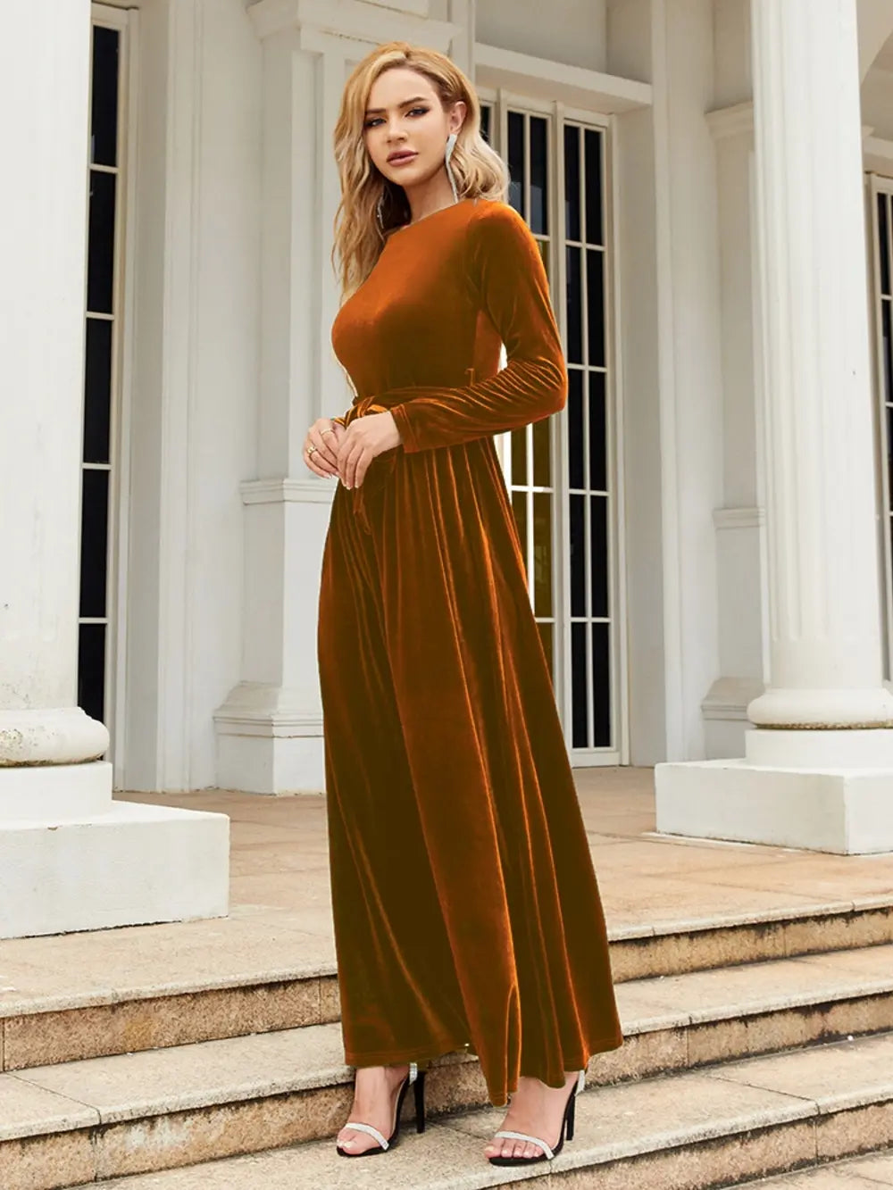 Sarah Express Women's Tie Front Round Neck Long Sleeve Maxi Dress - Fall/Winter Casual Dress