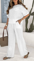 Women's Embroidered 2-Piece Set Quarter Sleeve Top High Waist Pants