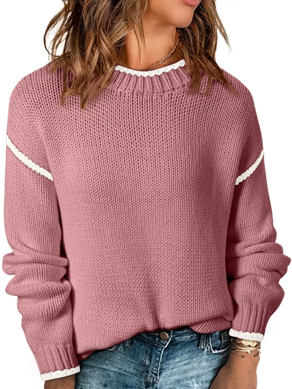 Sarah Express Women's Contrast Trim Long Sleeve Sweater