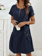 Casual Tunic Dress Short Sleeve Zipper Pockets