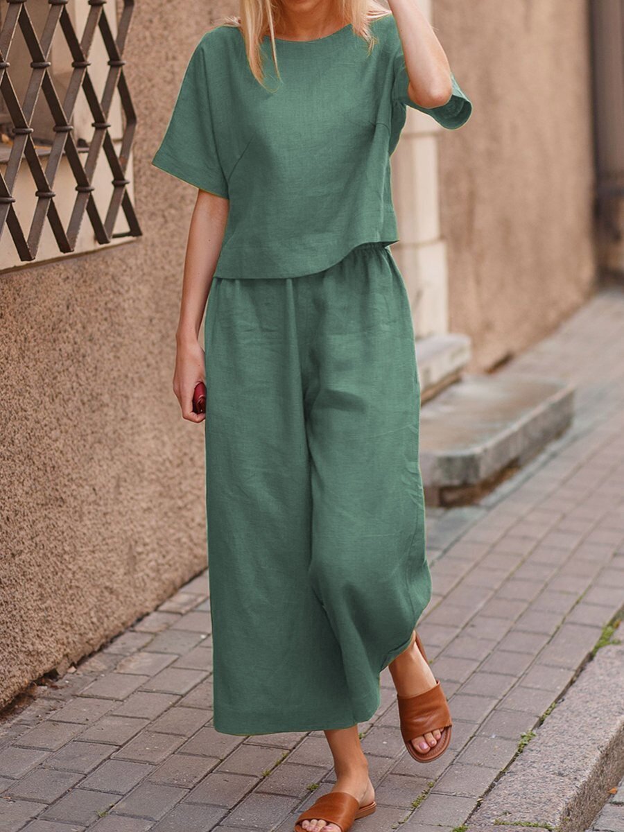 Cotton Linen Two-Piece Set Casual Loose Top Pants Outfit