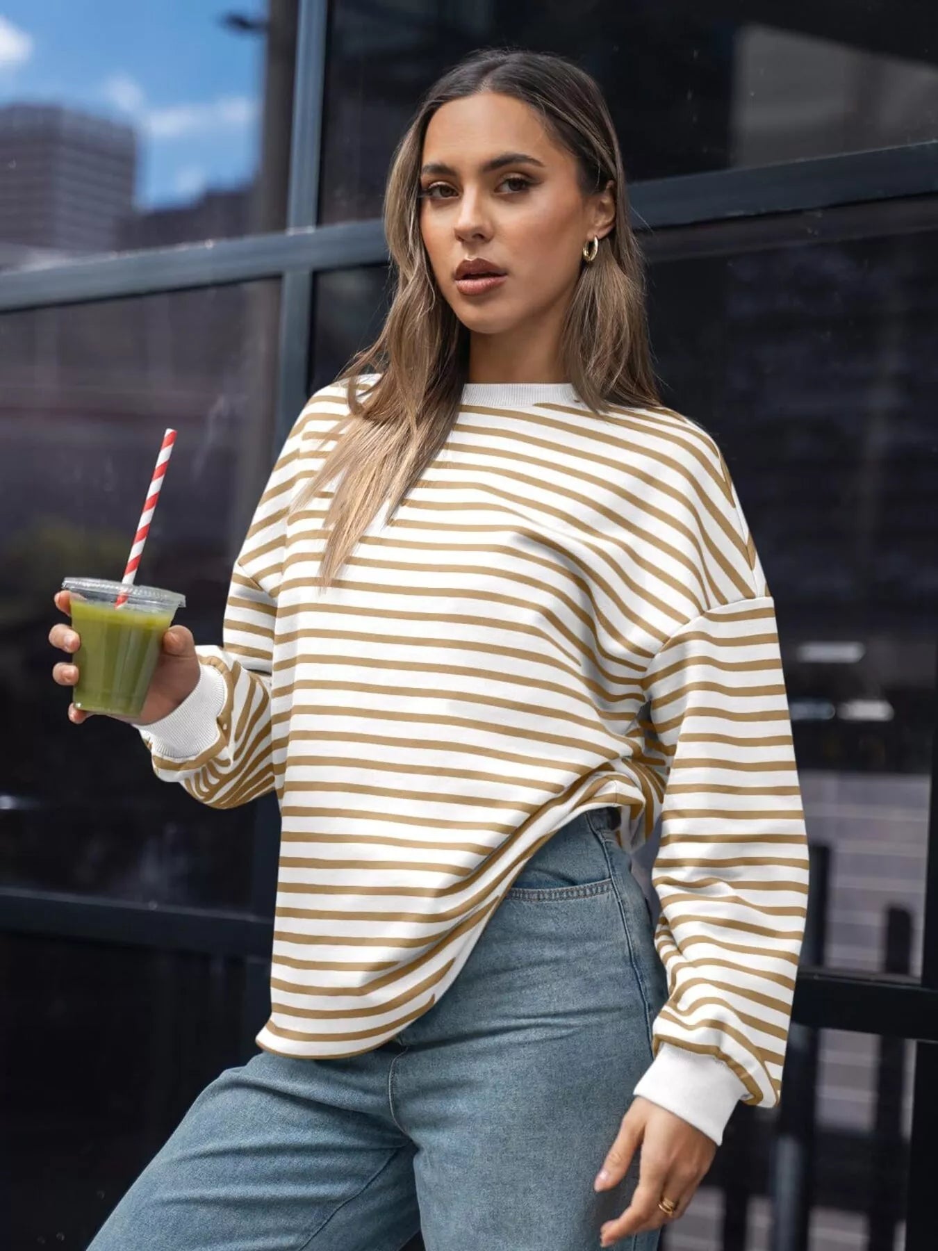 Sarah Express Women's Striped Round Neck Oversized Casual Sweatshirt