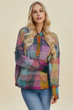 Sarah Express Women's Plaid Dropped Shoulder Fleece Hoodie