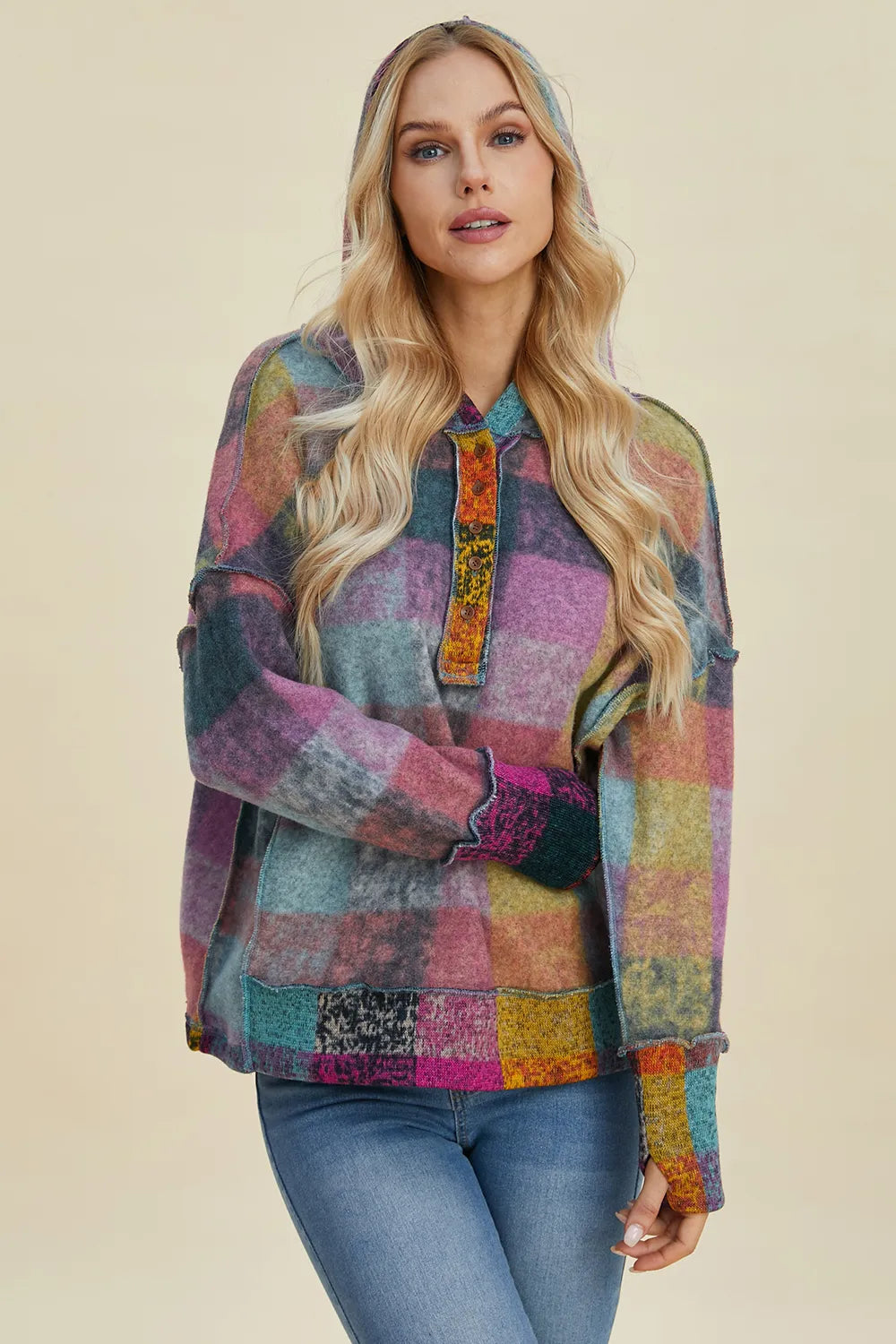 Sarah Express Women's Plaid Dropped Shoulder Fleece Hoodie