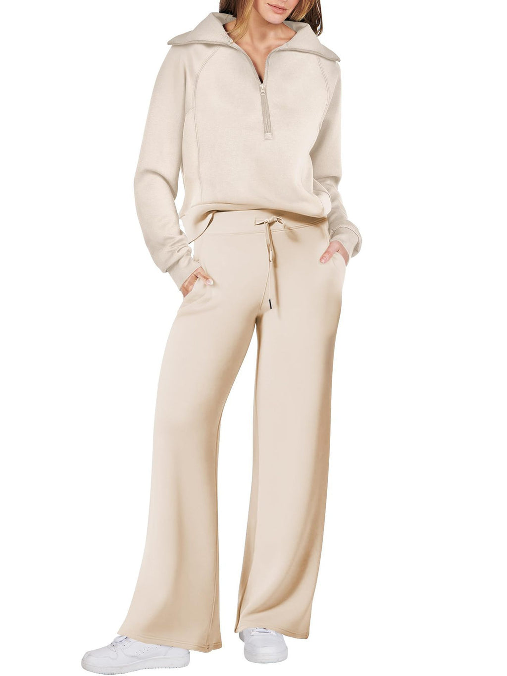 Women's Long Sleeve Zipper Sweatshirt and Wide-Leg Pants Athleisure Set