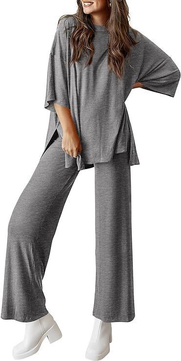 Two Piece Pullover Top Wide Leg Pants Set Polyester