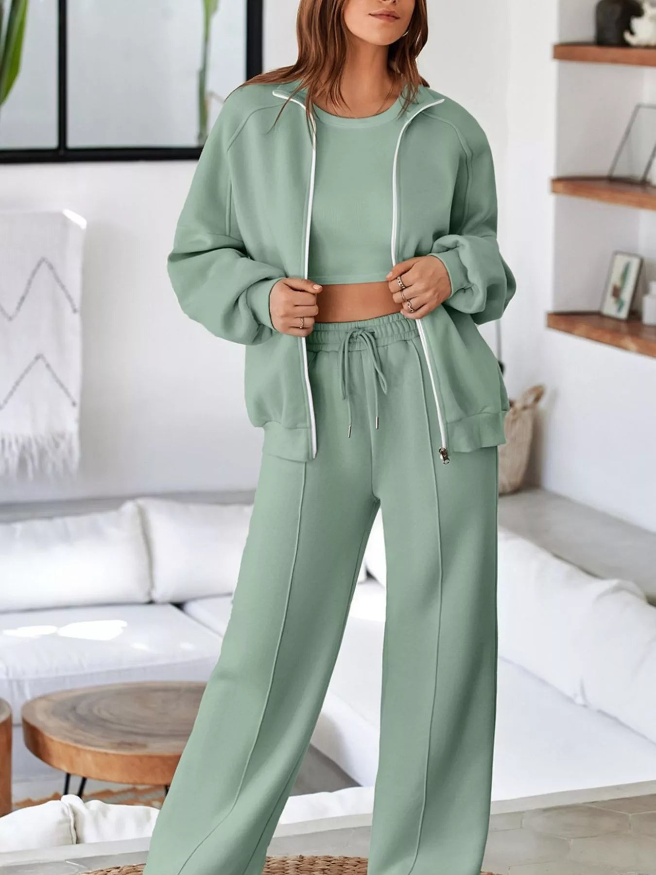 Sarah Express Women's Drop Shoulder Zip Up Jacket and Drawstring Pants Active 2pcs Set Sage