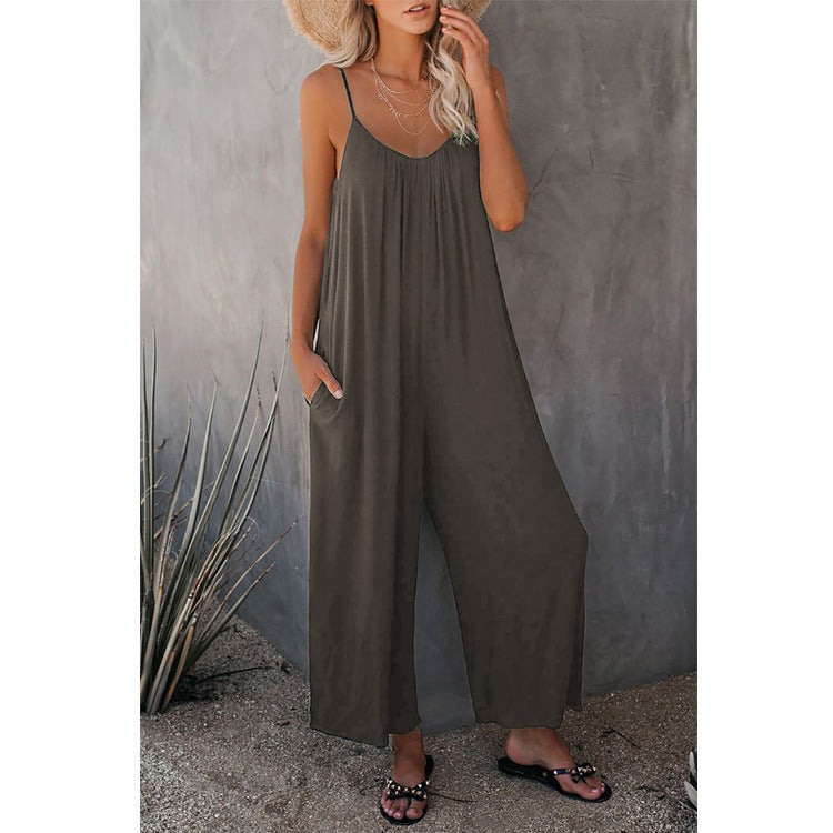 Women's Sleeveless Jumpsuit with Pockets - Casual Loose Fit Romper