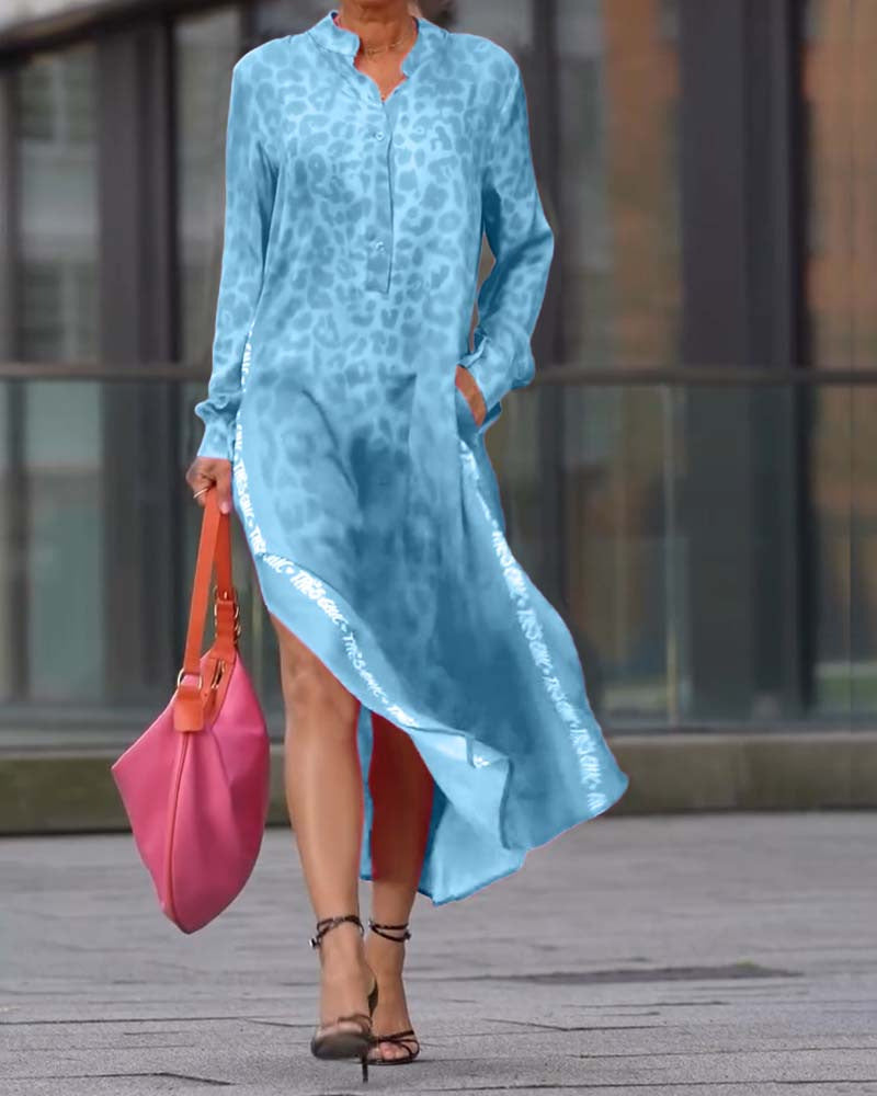 Women's Leopard Print V-Neck Long Sleeve Dress with Pockets