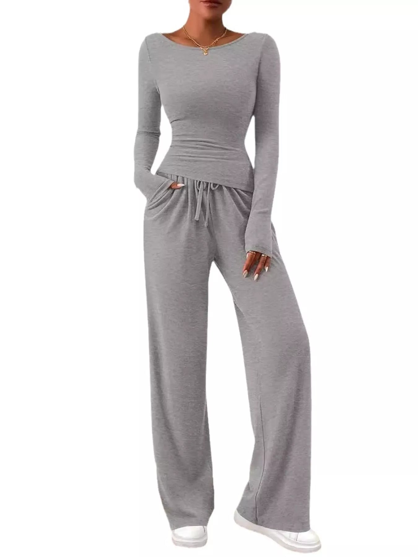 Sarah Express Women's Long Sleeve Top and Wide Leg Pants Set - Two Piece Outfit