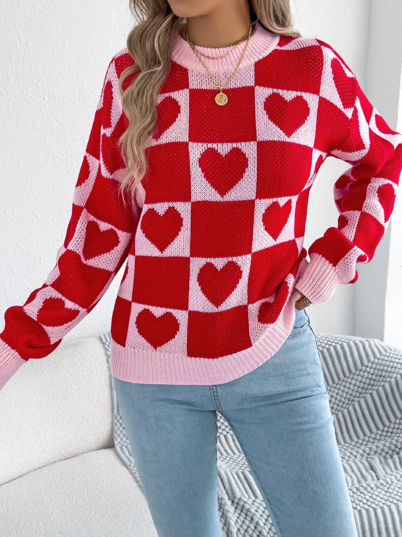 Sarah Express Women's Heart Checkerboard Pattern Round Neck Sweater Red