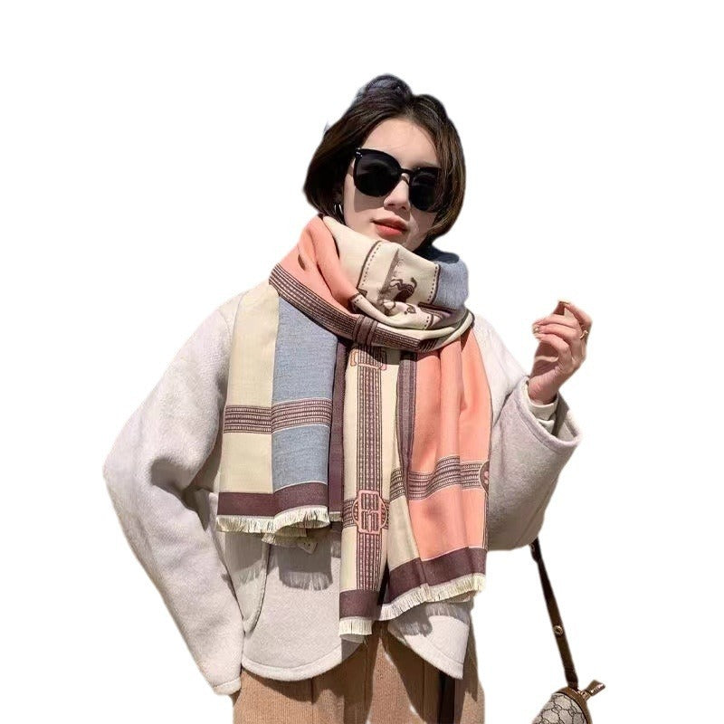 Women's Contrast Color Scarf - Oversized Soft Cotton Wrap Shawl Korean Style
