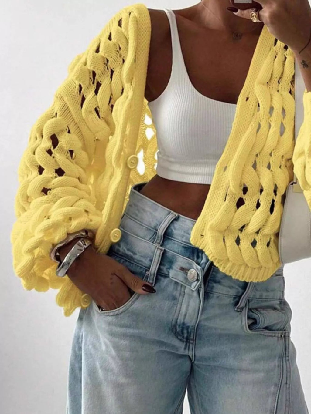 Sarah Express Women's Openwork Button Up V-Neck Cardigan