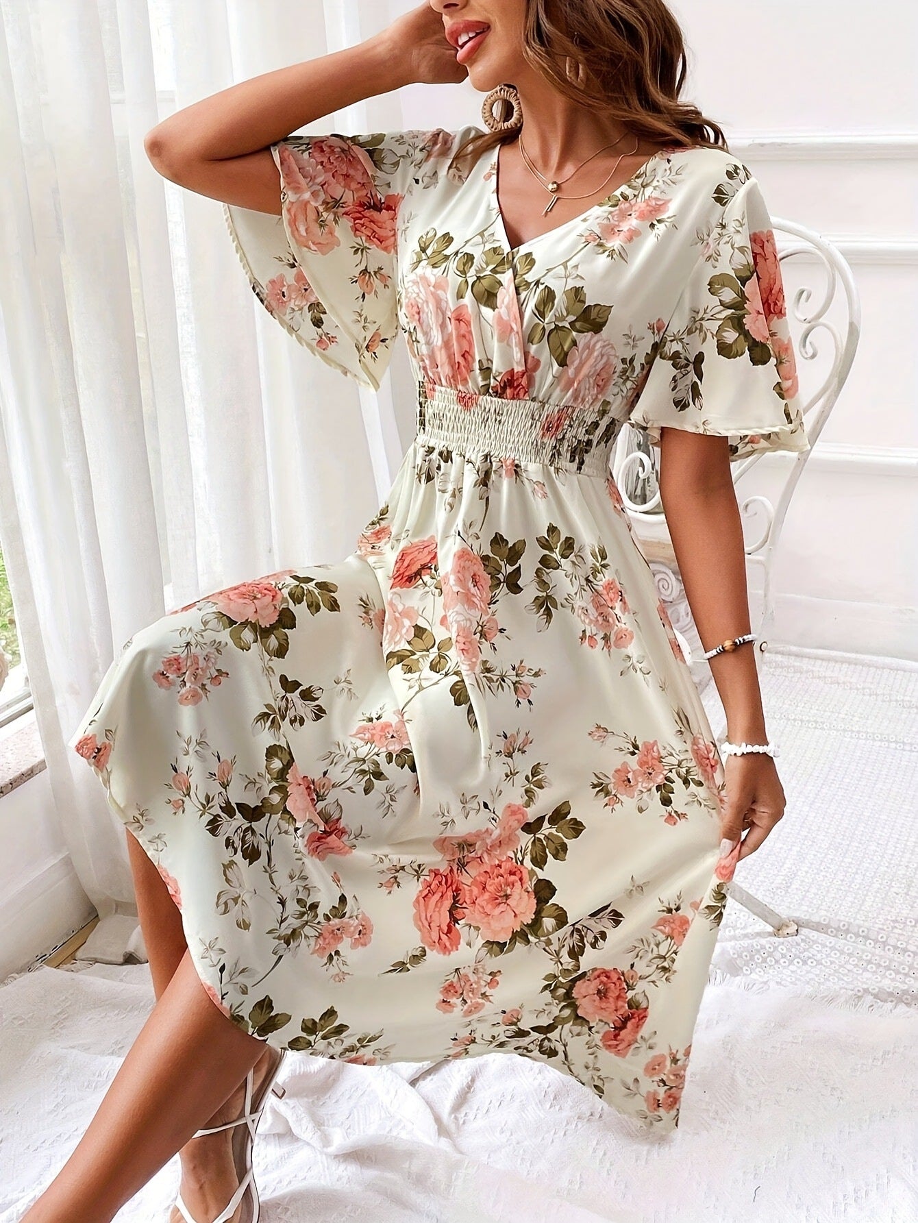 Women's Floral Print Smocked Waist Maxi Dress with Belt A-Line