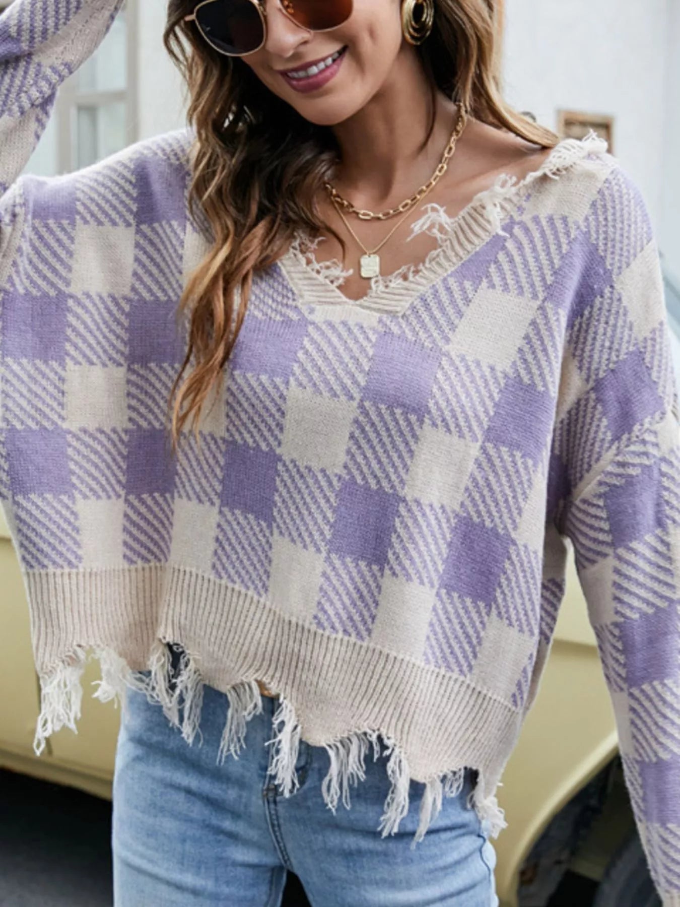 Sarah Express Women's Frayed Hem Long Sleeve Sweater Purple Plaid