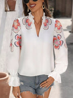 Sarah Express Women's Floral Embroidered Notched Long Sleeve Blouse