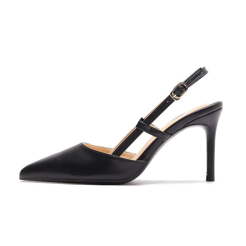 Sarah Express Women's Pointed-Toe Stiletto Ankle-Strap Heels | PU Upper Buckle Sandals Black 6cm