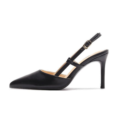 Sarah Express Women's Pointed-Toe Stiletto Ankle-Strap Heels | PU Upper Buckle Sandals Black 6cm