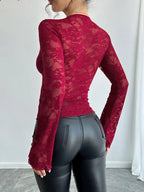 Sarah Express Women's Lace Deep V-Neck Long Sleeve T-Shirt