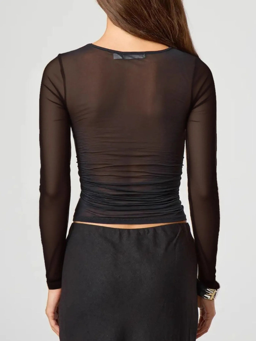 Sarah Express Women's Ruched Mesh Long Sleeve Top