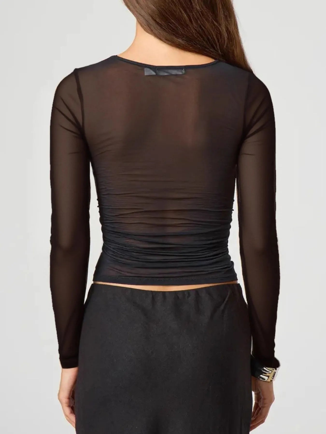 Sarah Express Women's Ruched Mesh Long Sleeve Top