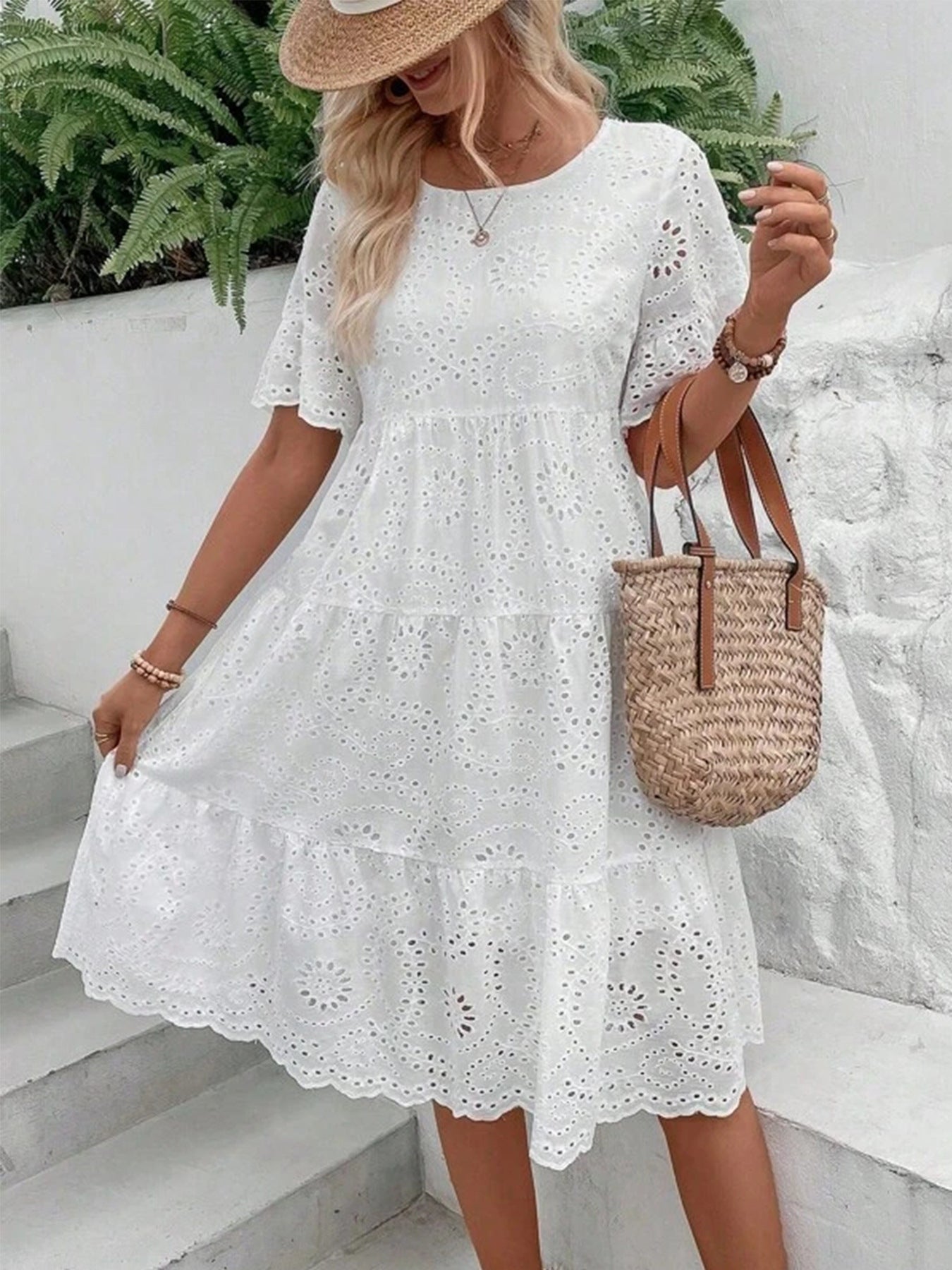 Women's Embroidered Floral Maxi Dress Ruffle Sleeve A-Line White Cotton Blend