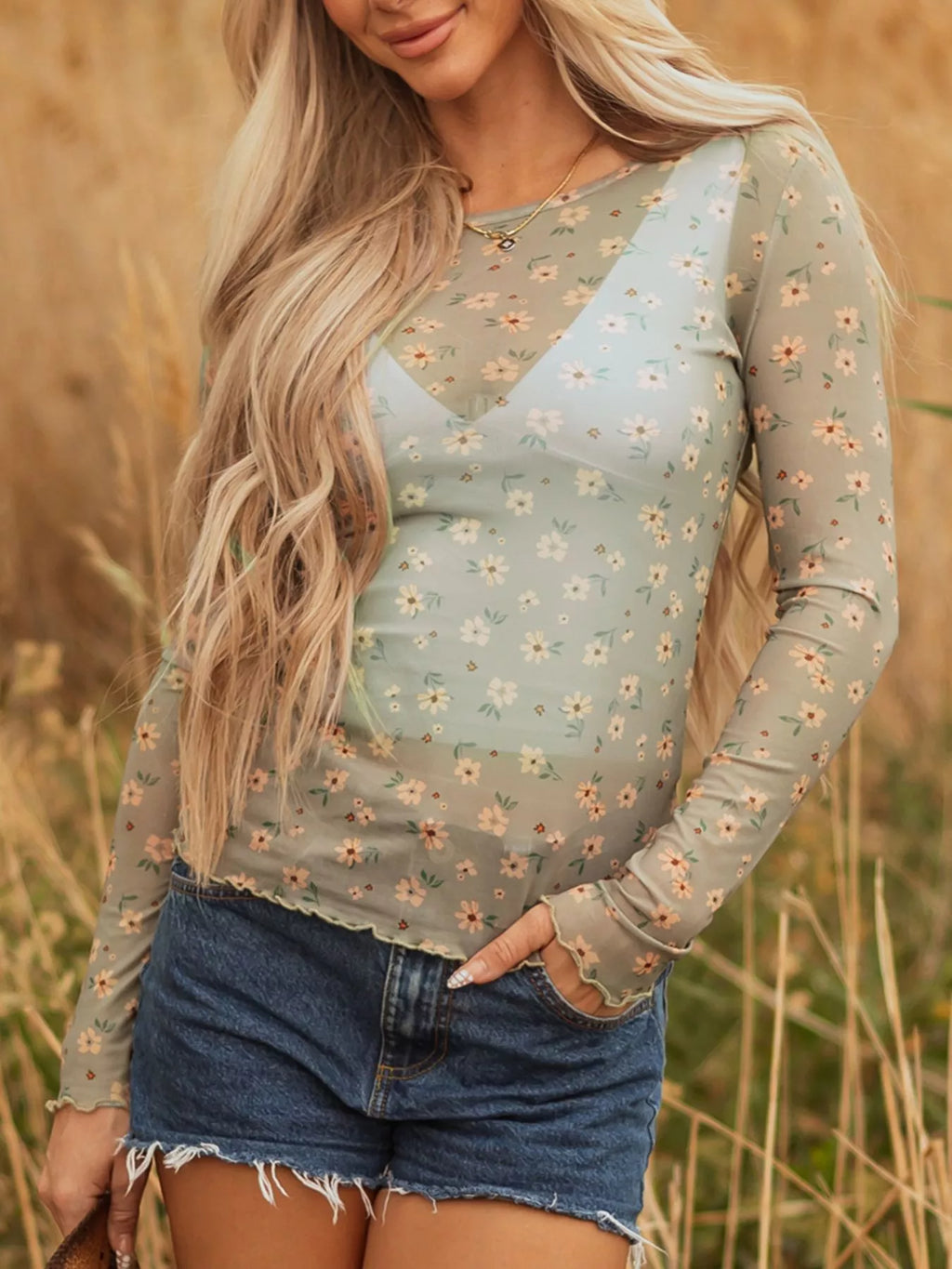 Sarah Express Women's Floral Print Mesh Long Sleeve Top