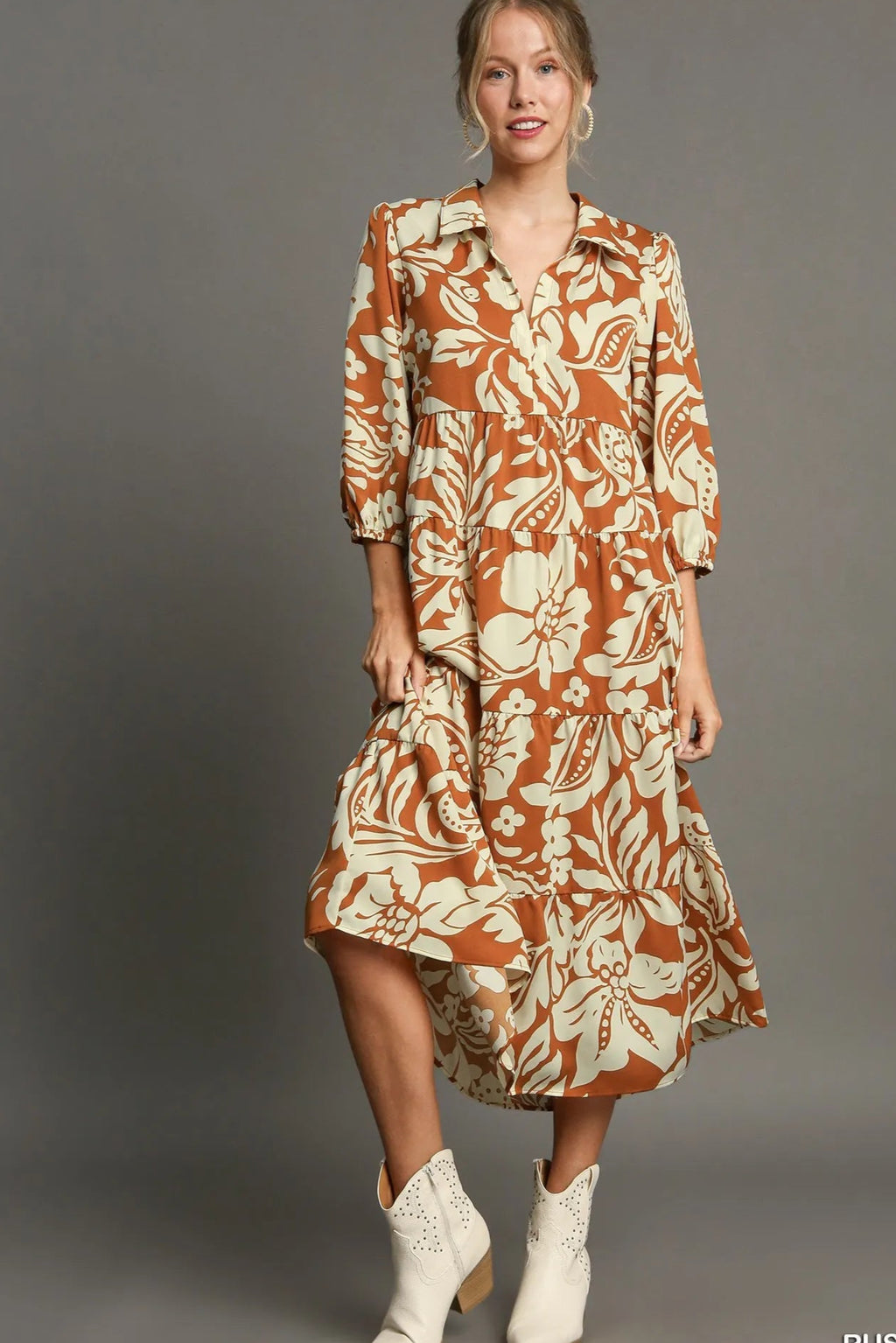 Sarah Express Women’s Plus Size Floral Tiered Midi Shirt Dress