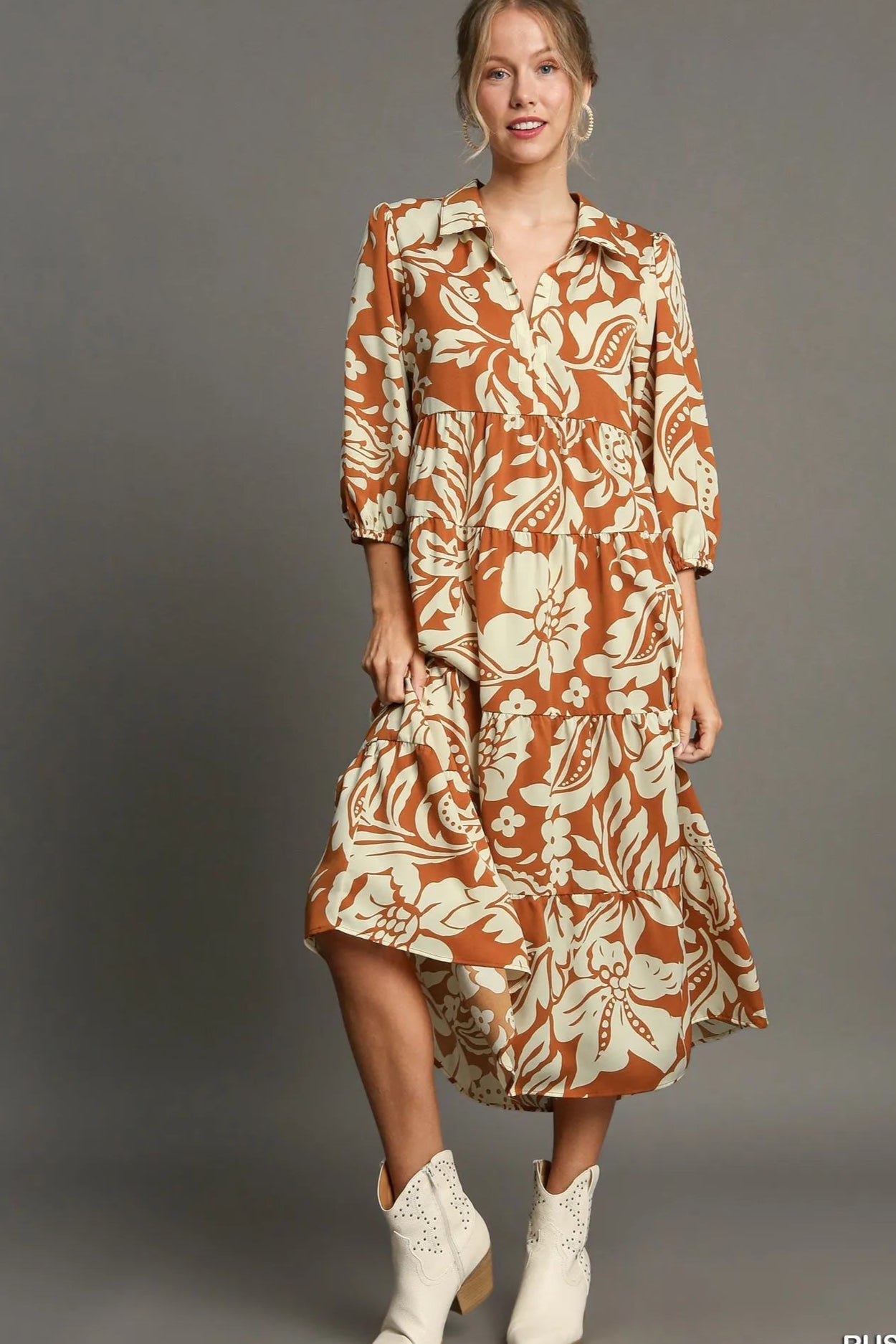 Sarah Express Women’s Plus Size Floral Tiered Midi Shirt Dress